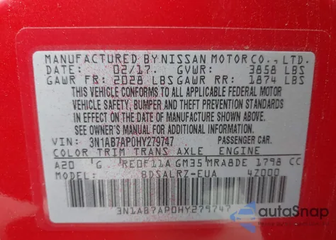 2017 Nissan Sentra Sr z USA, uszkodzony, nr VIN 3N1AB7AP0HY279747